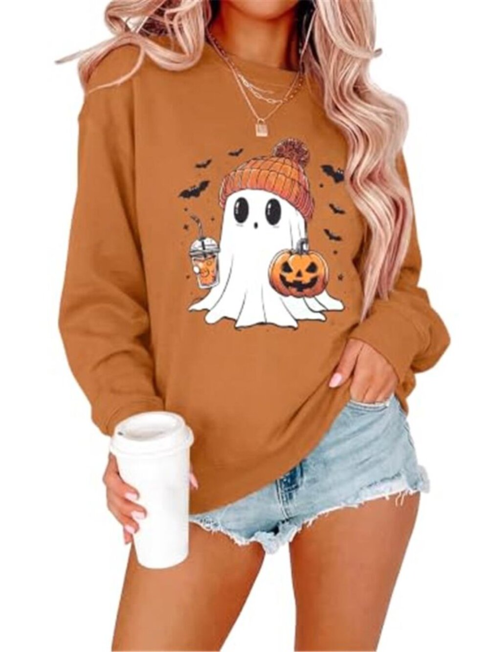 Orange Halloween Sweatshirt Cute Ghost Pumpkin Coffee Spooky Season Pullover